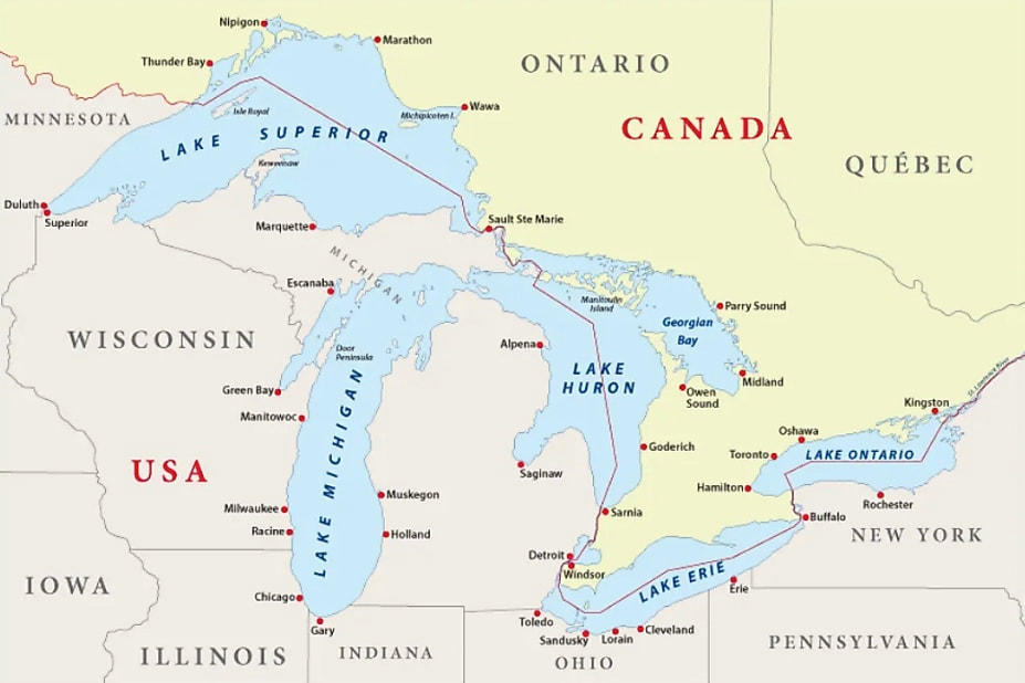 Map of the 5 Great Lakes